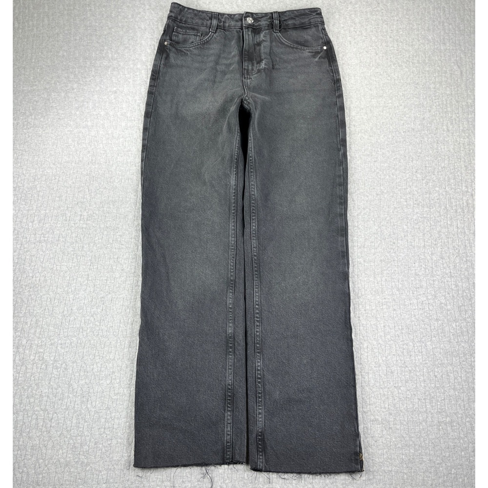 New Zara baggy wide leg Straight Fit Jeans Women 4/28x29 High Rise Black Raw Hem